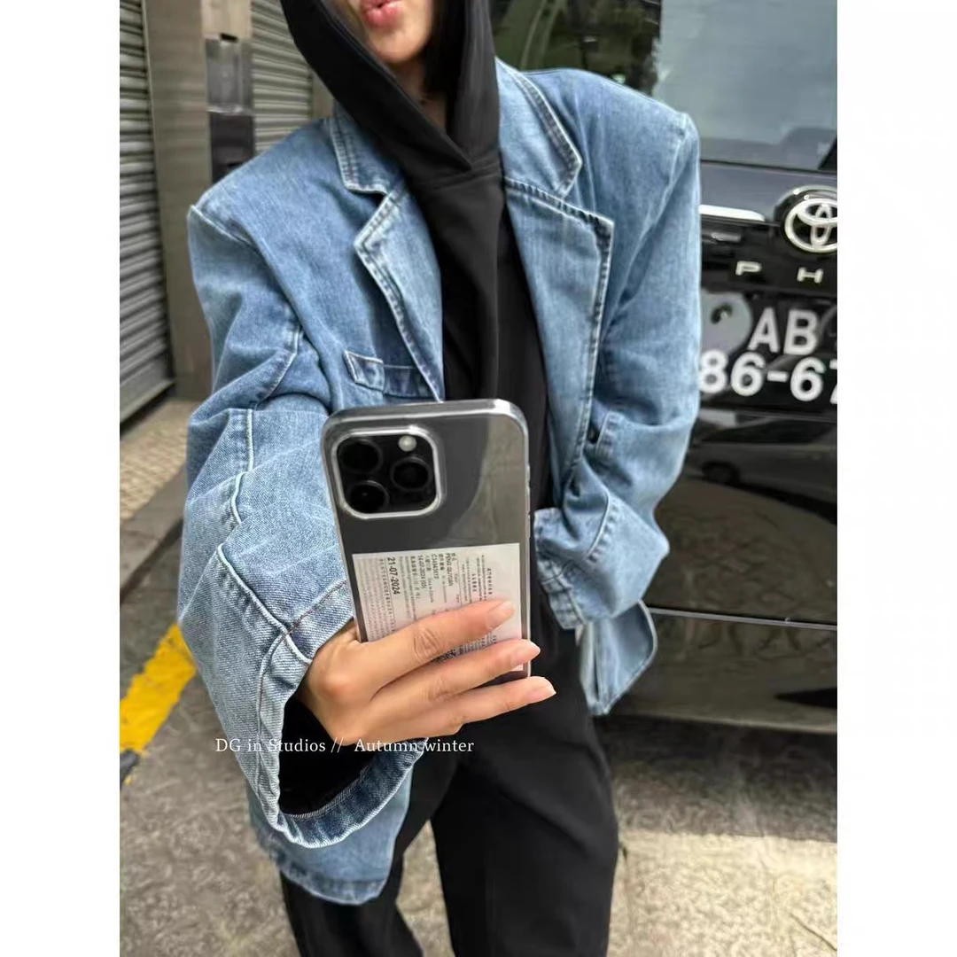 新款复古做旧宽松翻领垫肩休闲牛仔韩版西装外套女