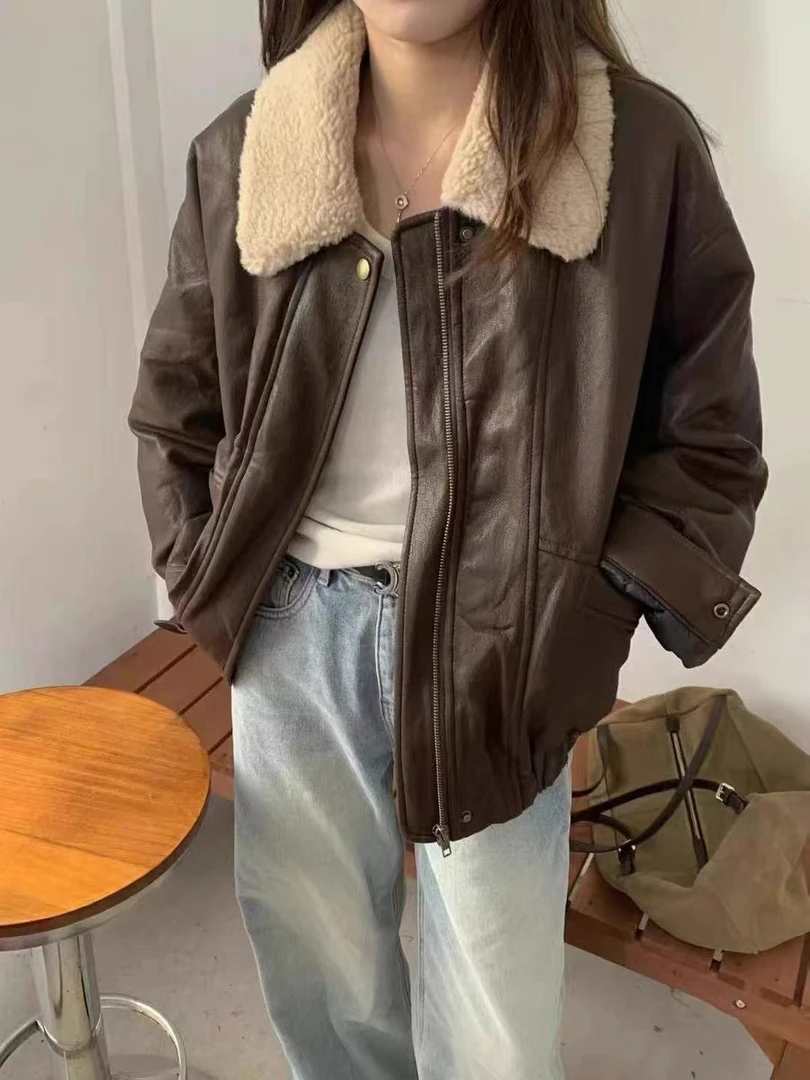 美式复古皮衣外套女2024冬季新款加绒加厚机车夹克