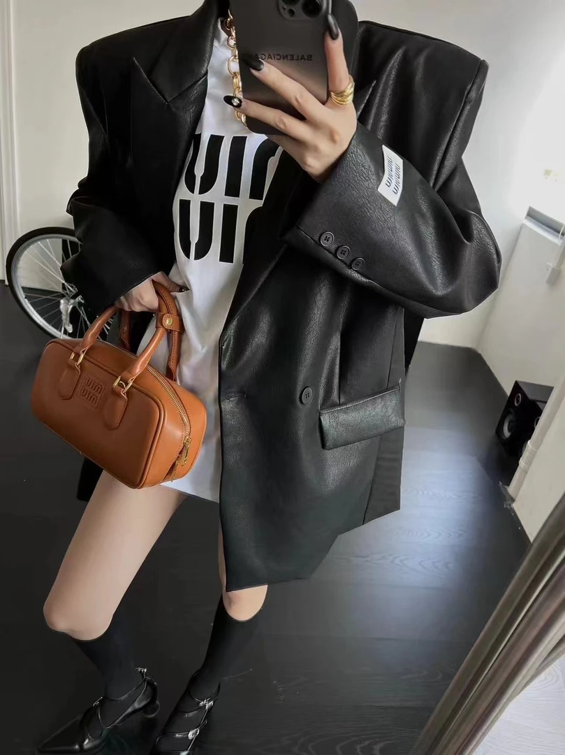 2025春季新款荔枝纹哑光高级感大垫肩皮衣西装外套