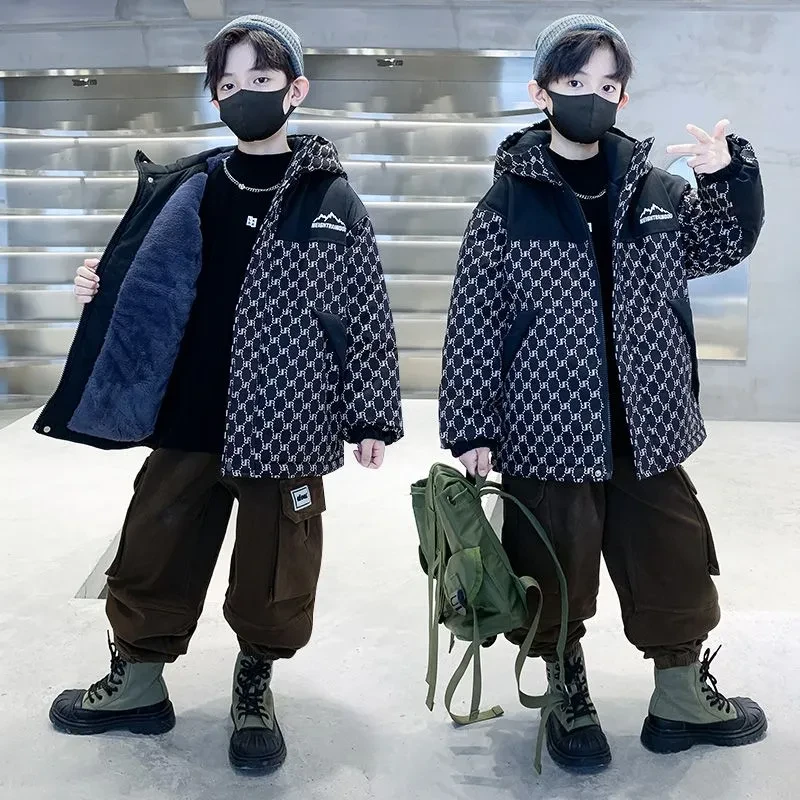 男童加绒外套风衣2024新款中大儿童冬装加厚棉衣男孩洋气派克服潮