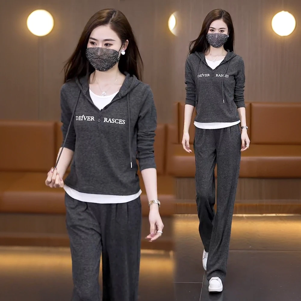 时尚休闲套装女2024早秋新款洋气连帽假两件上衣阔腿裤运动两件套