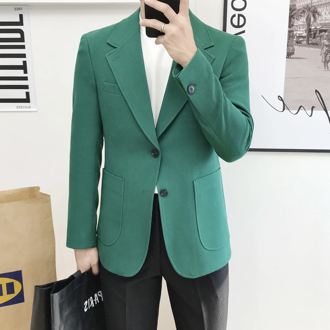 高级绿色西装男休闲高级感英伦风单西上衣青年修身韩版西服外套男
