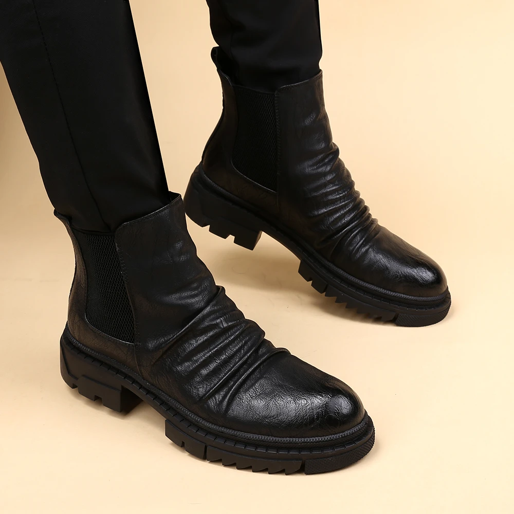 高帮皮靴男韩版潮流马丁靴英伦厚底内增高短靴中帮切尔西靴男靴子