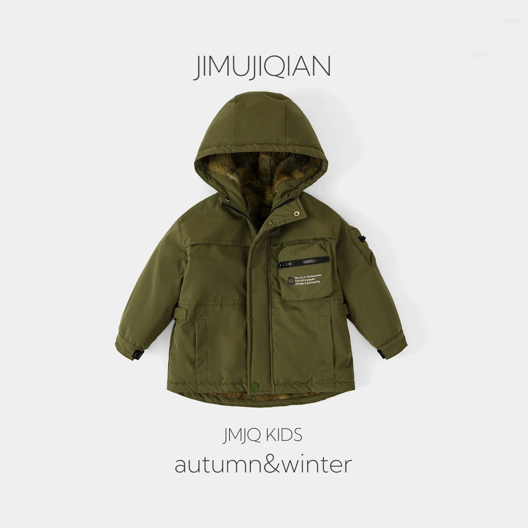 【JMJQ 231021】秋冬港风户外防寒中长工装迷彩夹毛连帽外套派克服