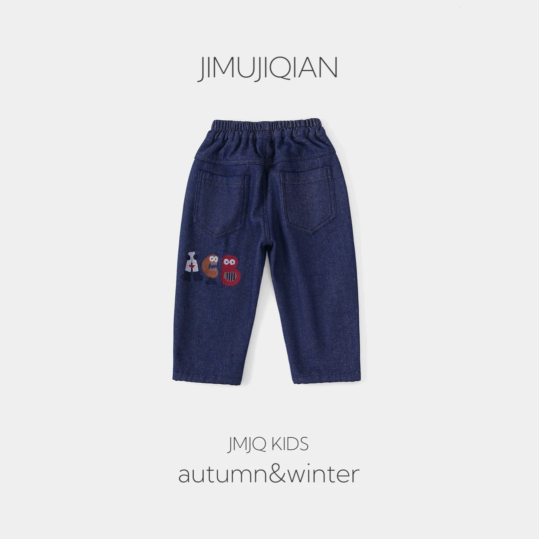 【JMJQ 201095】秋冬季韩版中小童保暖一体绒加厚卡通刺绣牛仔长裤