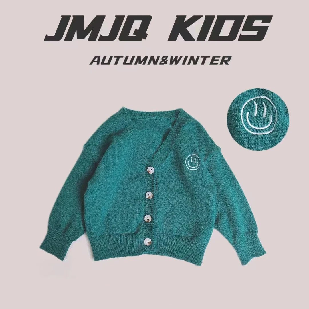 【JMJQ 23651】秋季薄款儿童男宝女宝鸡心领刺绣笑脸毛衣开衫
