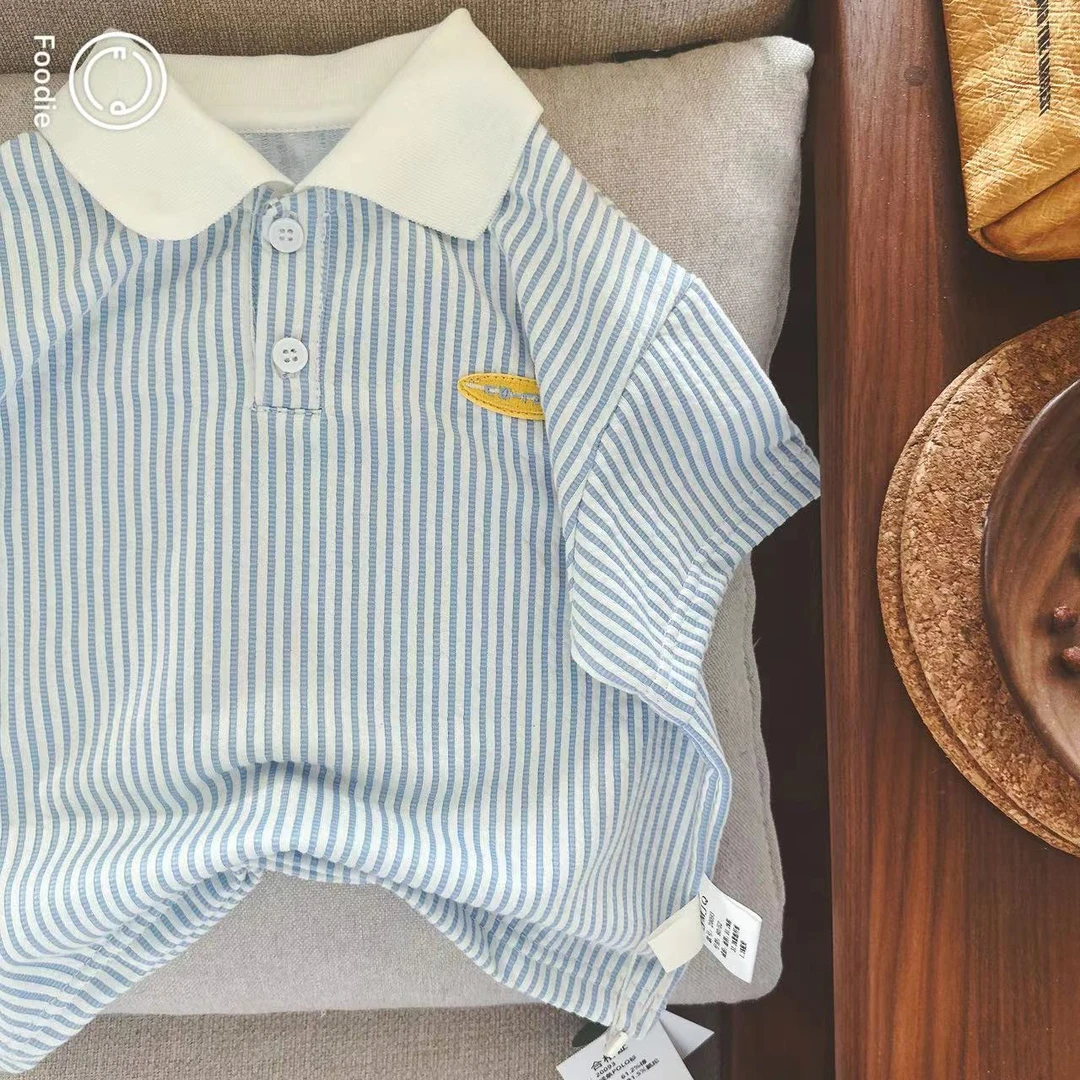 【JMJQ 20093】夏季薄款韩版中小童提花纹理竖纹标章休闲polo上衣