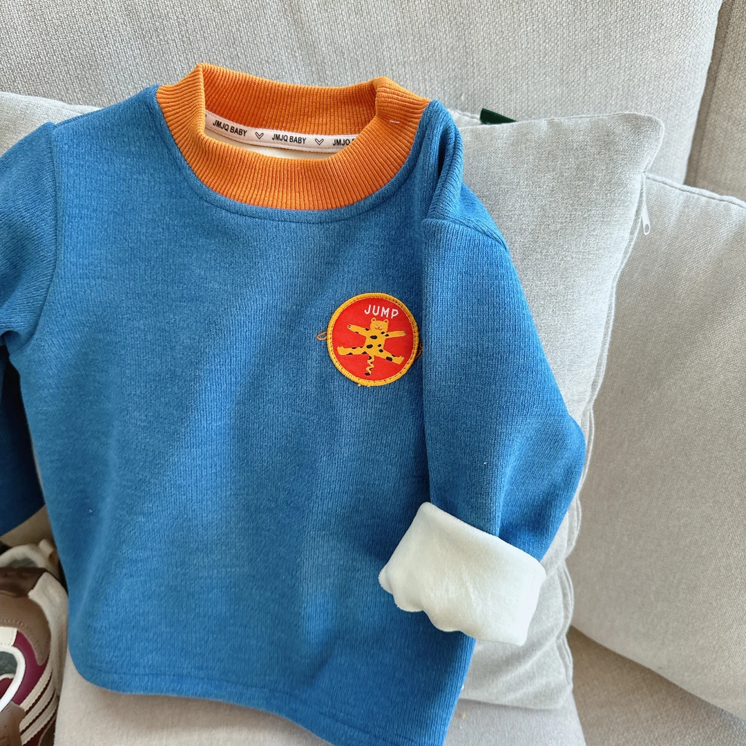 【JMJQ 201393】秋冬儿童亲肤针织贴身一体绒撞色领长袖打底衫