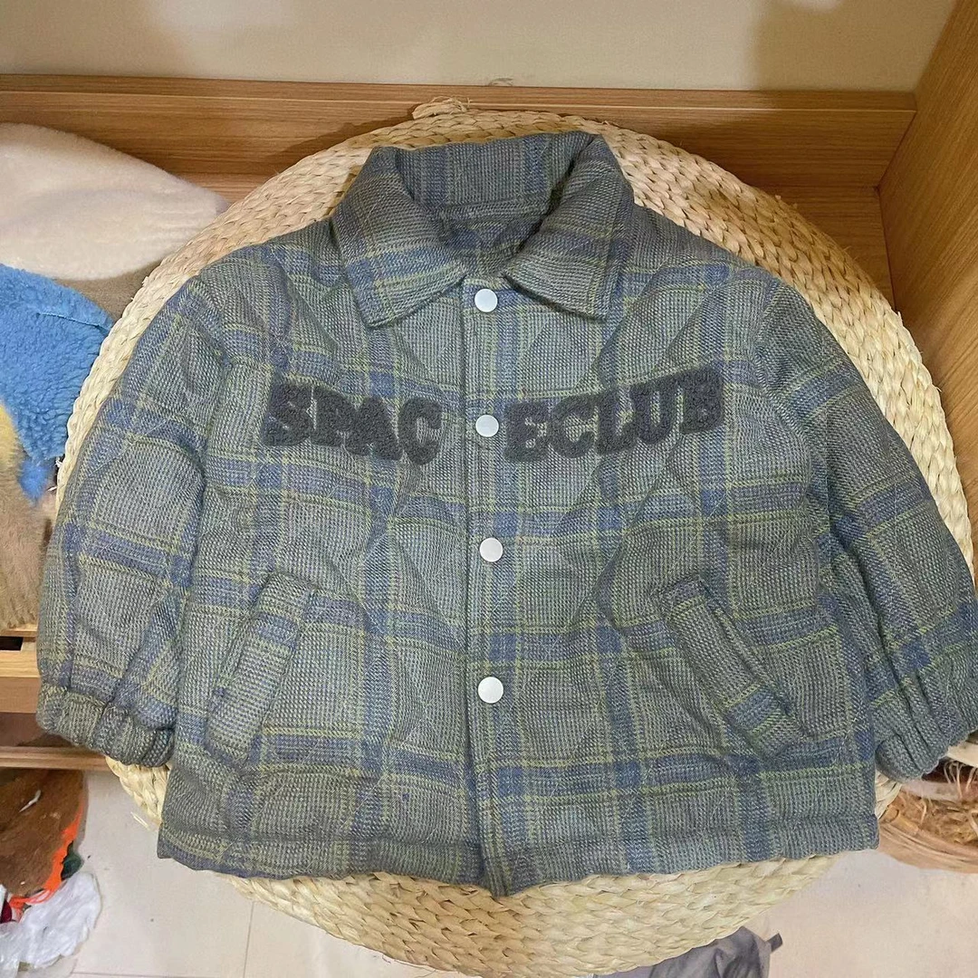 【JMJQ 231116】秋冬季毛呢格纹儿童翻领毛巾绣绗棉加绒翻领外套