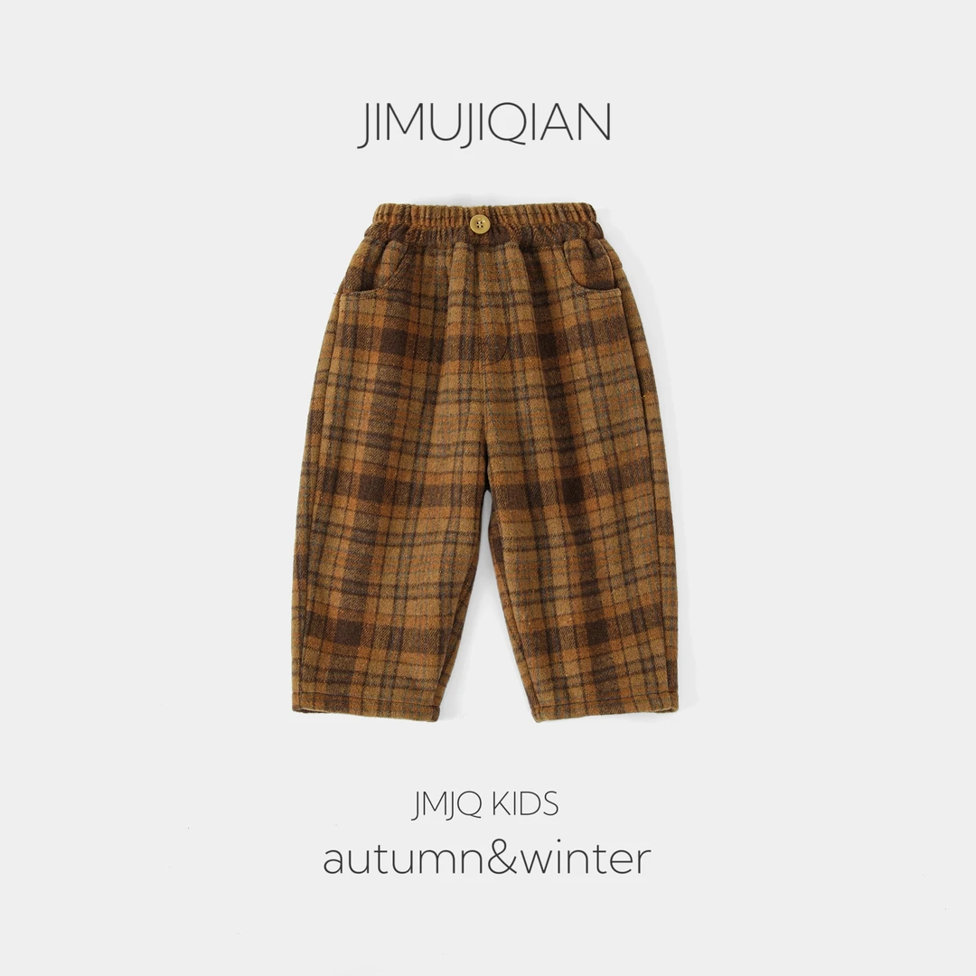 【秋冬款 201191】深秋冬韩版中小童一体绒保暖休闲呢料格子长裤