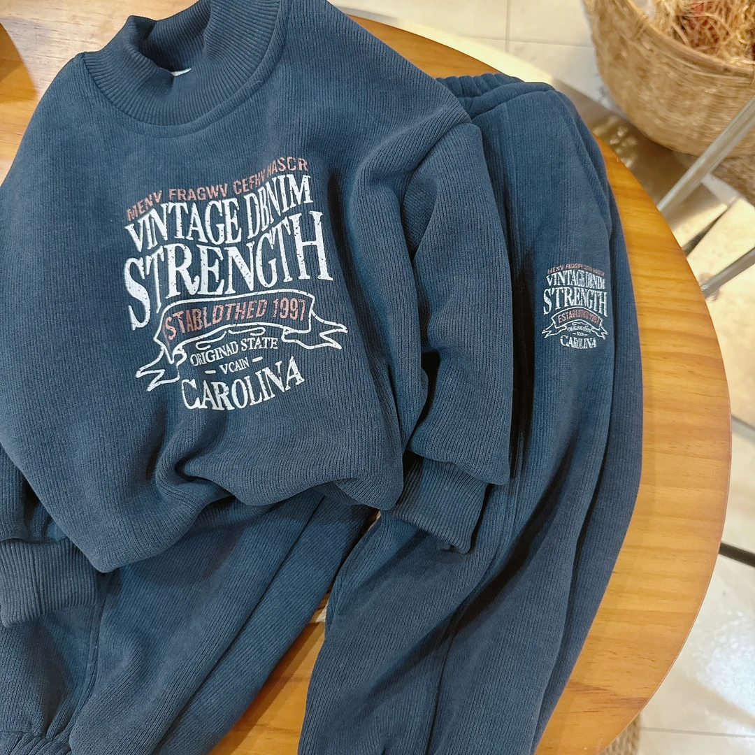 【JMJQ 201205】深秋冬韩版街潮儿童一体绒加厚印花中领卫衣套装