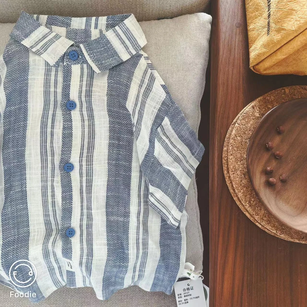 【断码处理夏 20127】夏季儿童蓝竖纹软糯翻领亚麻混纺小衬衫外套