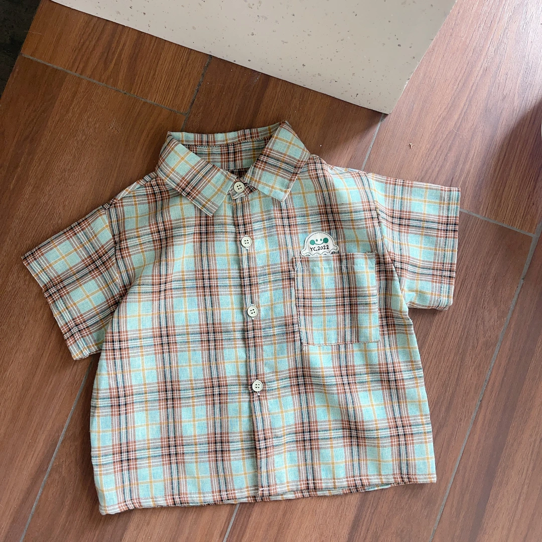 【专柜BV绿- 23307】夏季韩版中小童清爽格子翻领开衫短袖衬衫