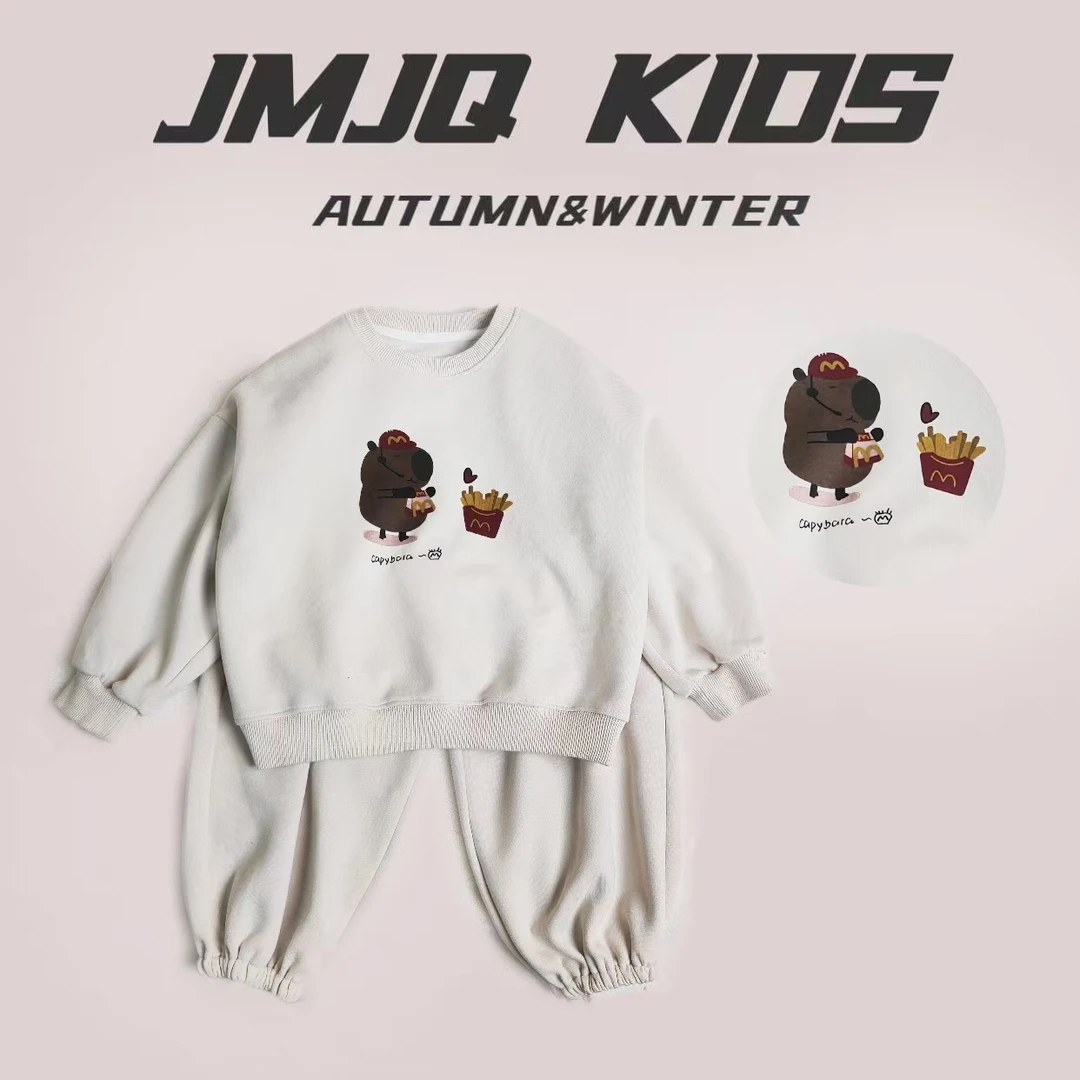 【亲子款 20892】开春秋儿童韩版趣味卡皮巴拉印花运动针织圆领套装