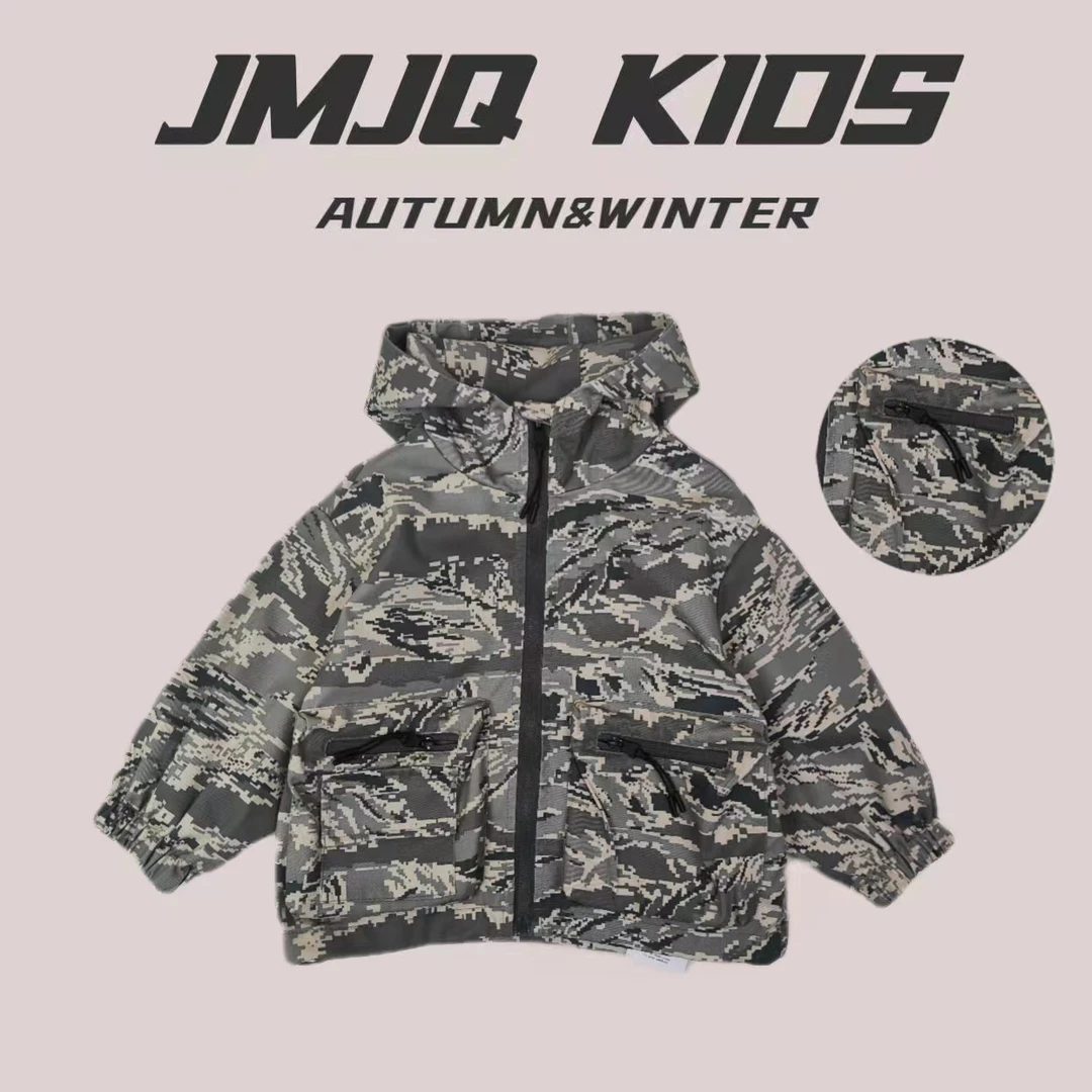 【JMJQ 20036】早春儿童韩版迷彩冲锋重工工装风连帽防风户外外套