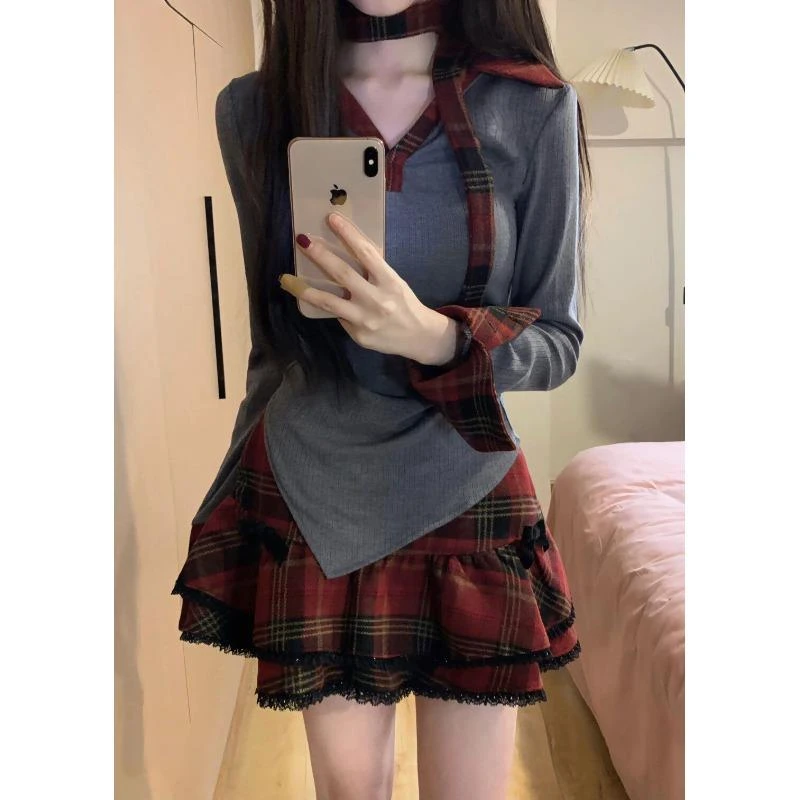 小个子穿搭一整套学院风套装女春季红色格纹半身裙针织上衣两件套