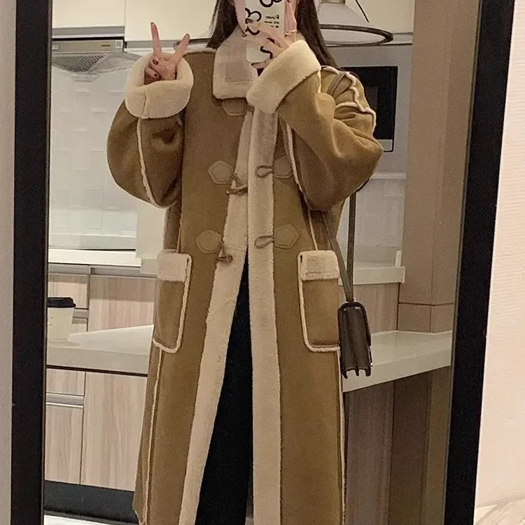 2024冬季新款时尚牛角扣大衣长款加厚外套女
