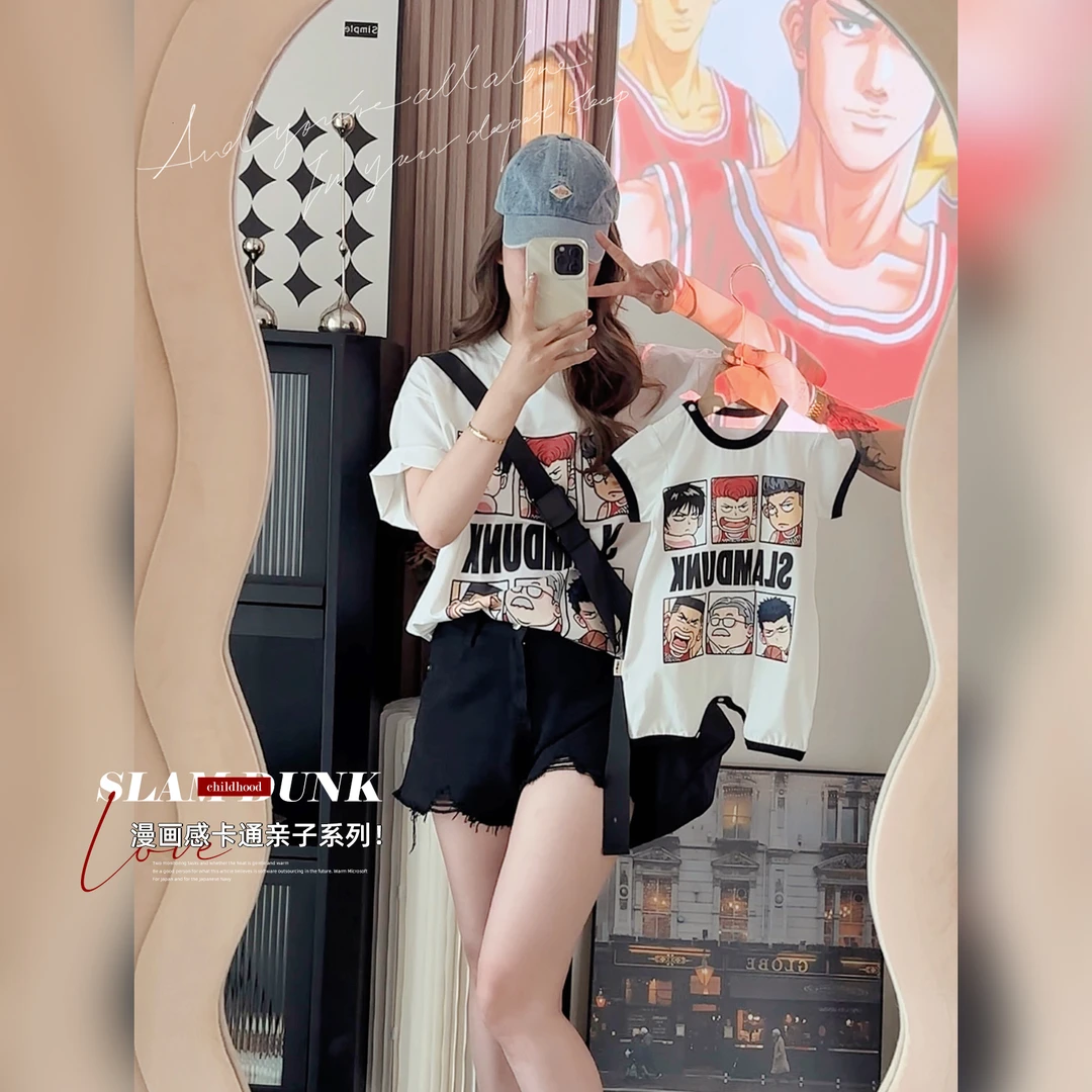 【现货】一家三口亲子装黑白卡通漫画印花亲子系列T恤爬服SK1597