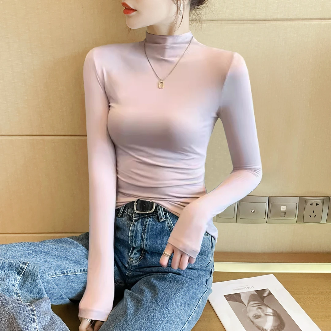 黑色莫代尔半高领打底衫女长袖秋冬季新款修身内搭上衣紧身t恤女