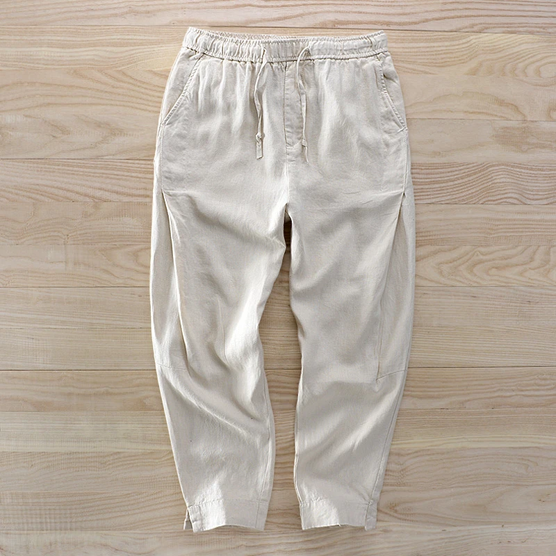 亚麻休闲裤男宽松直筒夏季薄款九分裤子潮中国风青年棉麻料阔腿裤