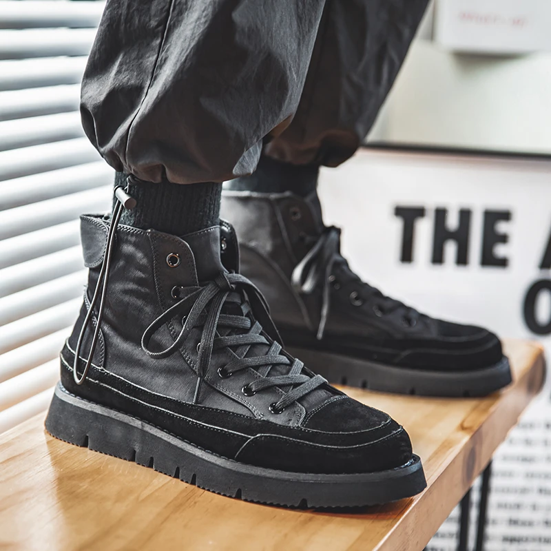 网红马丁靴男英伦魔术贴机能工装机车鞋黑色帆布高帮休闲板鞋男鞋