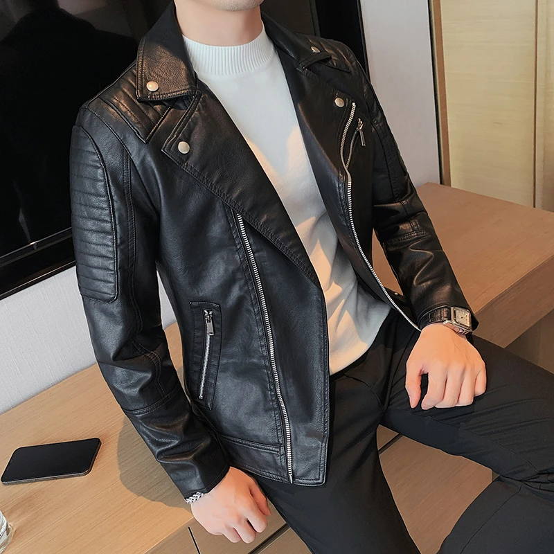 斜拉链加绒皮衣外套男士潮流高级感春秋季休闲短款翻领机车皮夹克