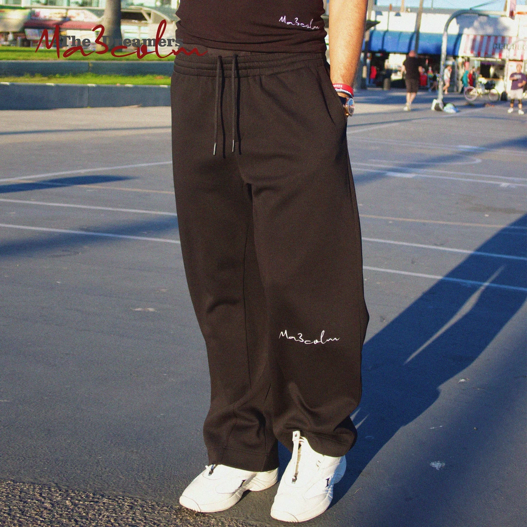 Ma3colm追梦系列日常通勤针织黑灰色宽松拼接直筒刺绣长裤卡米然