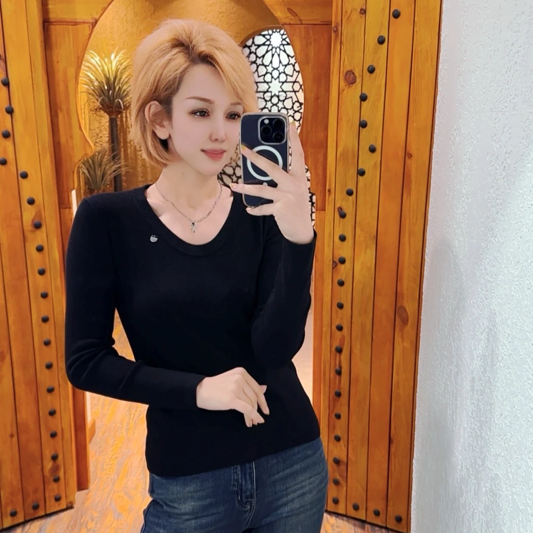 欧洲站2024早秋新款长袖T恤女圆领舒适弹力百搭打底衫纯色超爆款