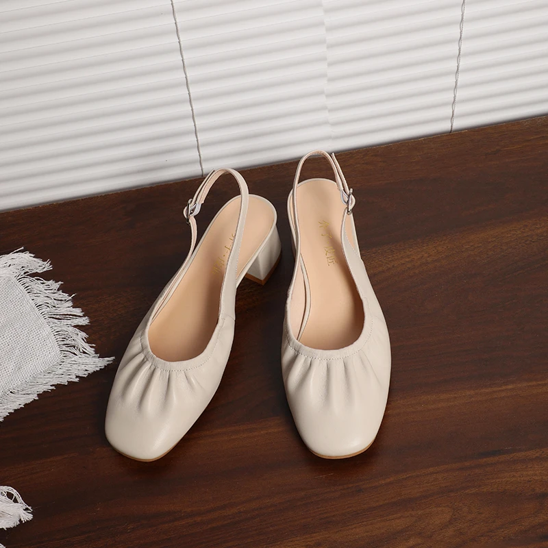 软皮真羊皮蝴蝶结气质芭蕾舞鞋女粗跟一字带凉鞋