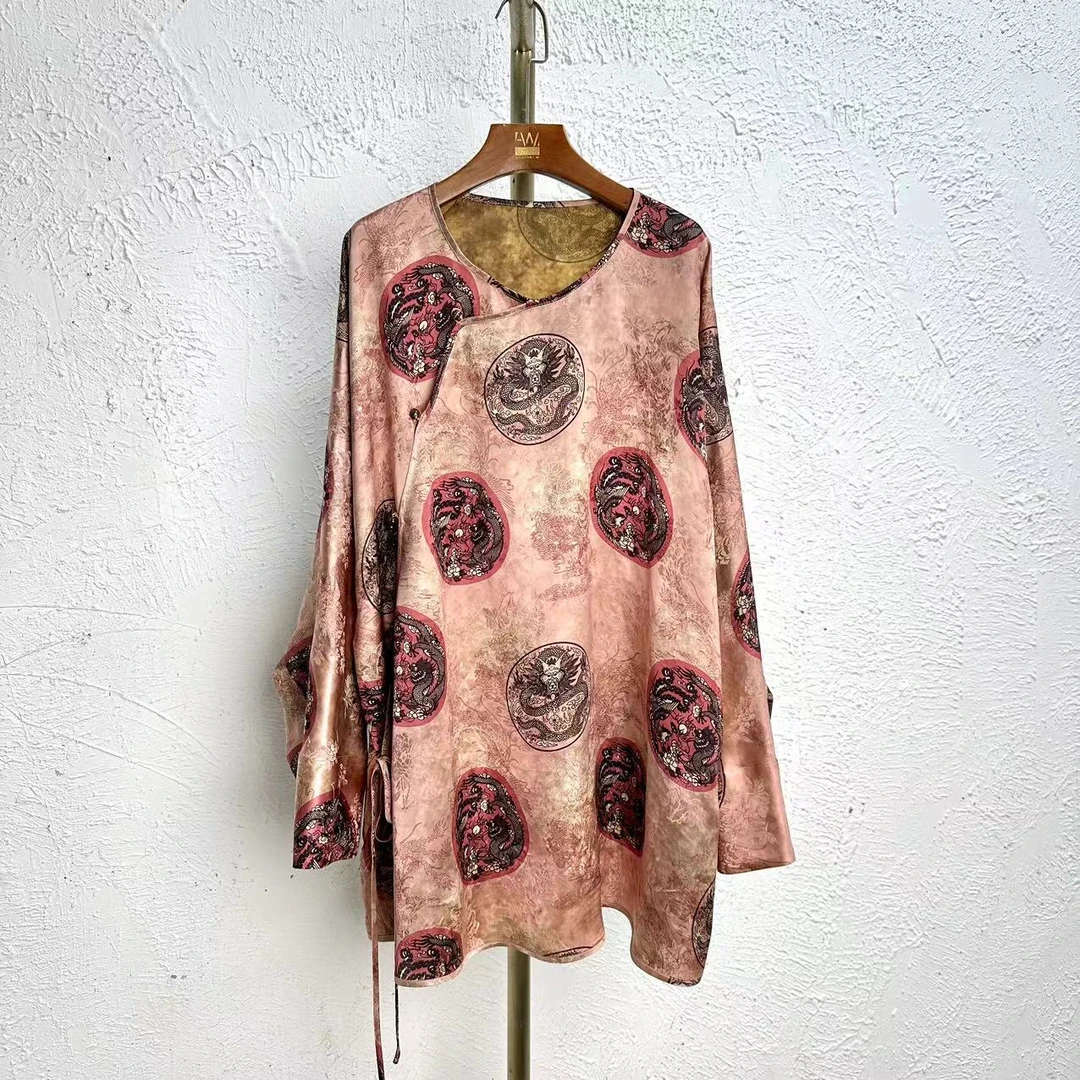 大码时尚人丝提花双面印响云纱工艺偏襟长袖上衣7862