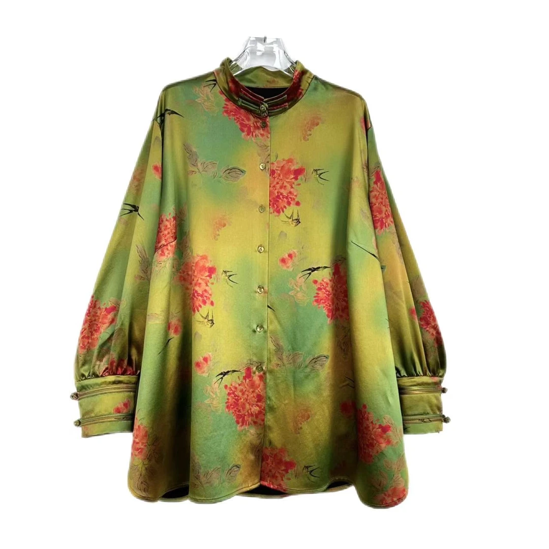 大码时尚50姆咪皮子喷绘香云纱小立领定位花长袖衬衣8662