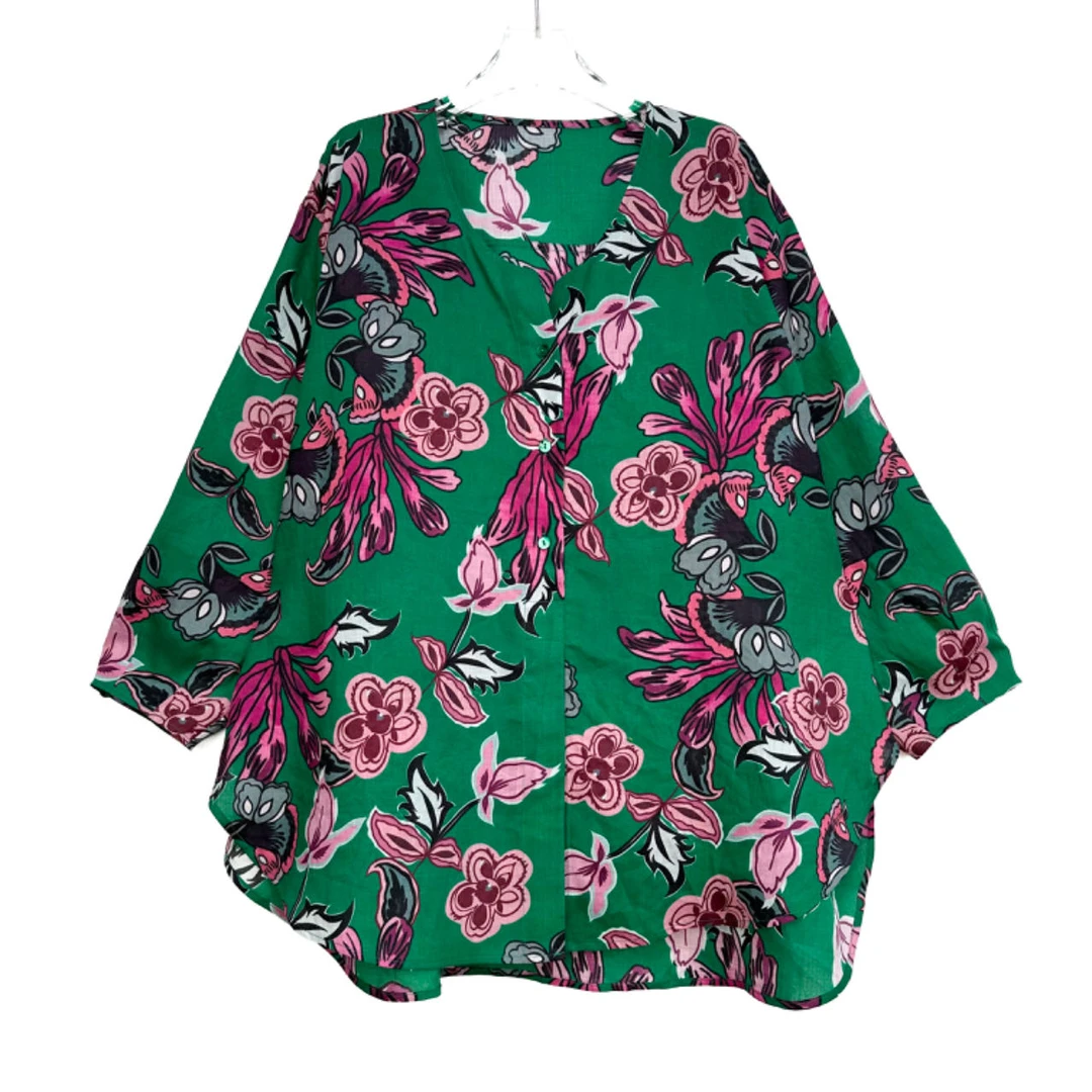 大码时尚36支苎麻印花桃心领开扣长袖套头上衣8573