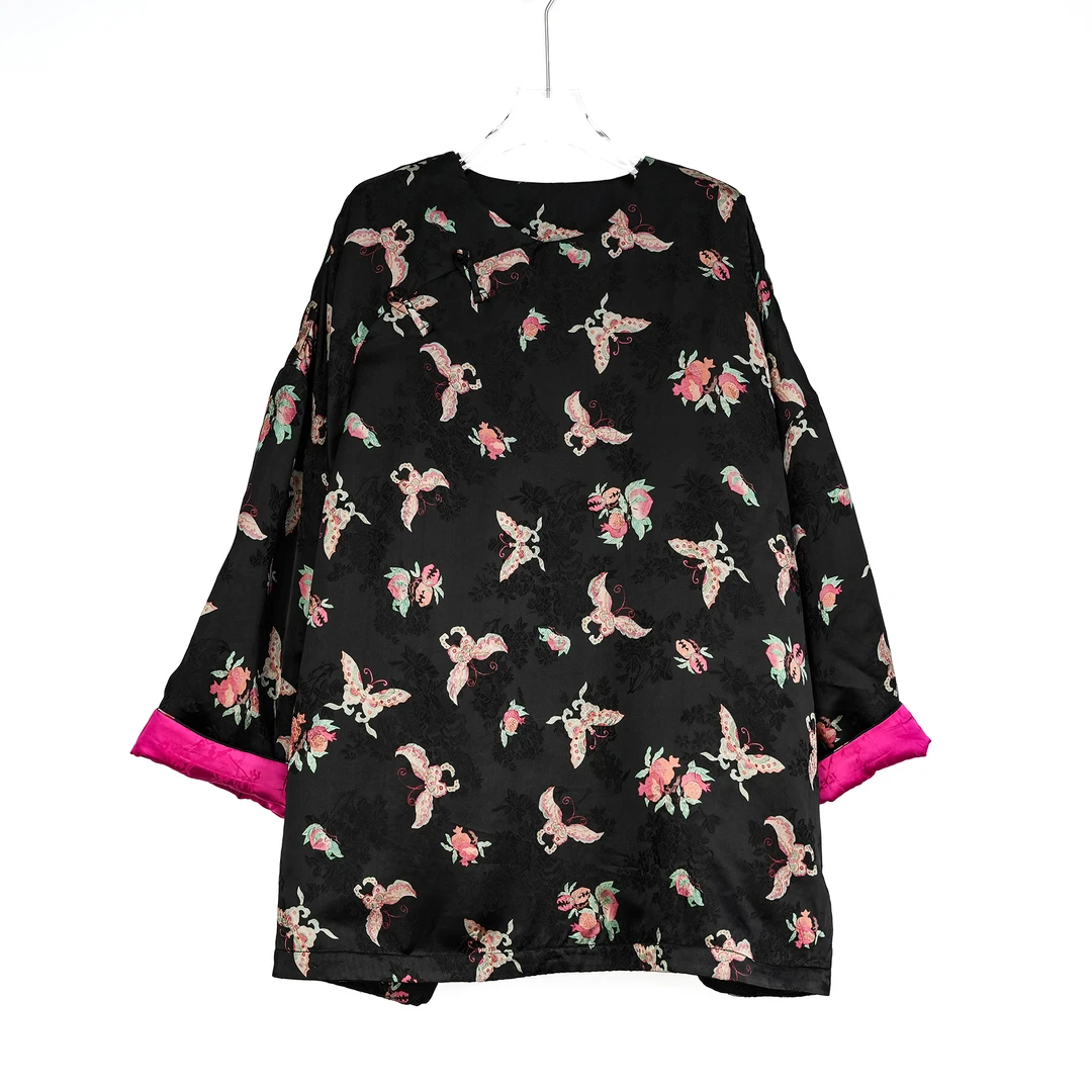 “棉袄”大码时尚人丝响云纱复古国风圆领偏襟撞色间棉套头上衣8760