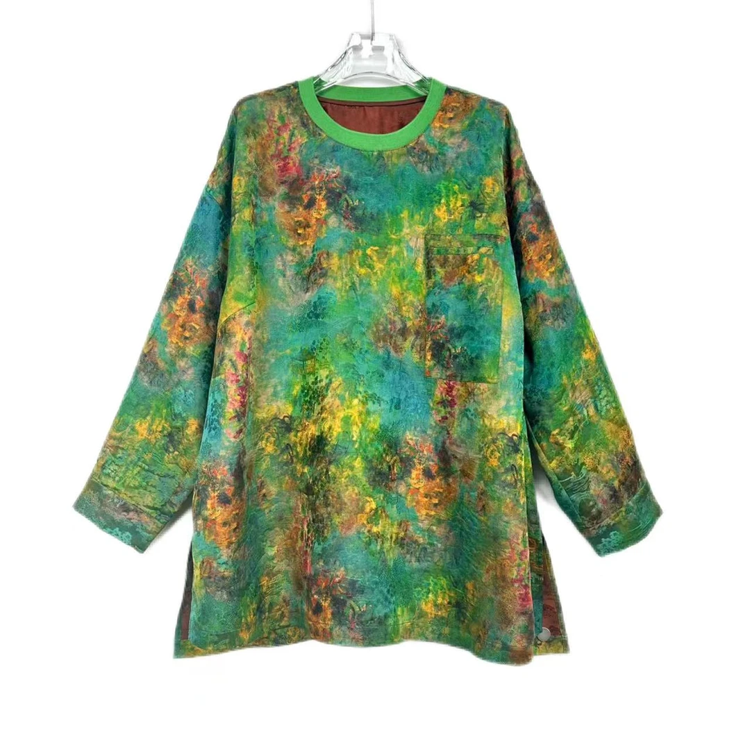 大码时尚40姆米提花红云纱扁机领落肩长袖上衣8619