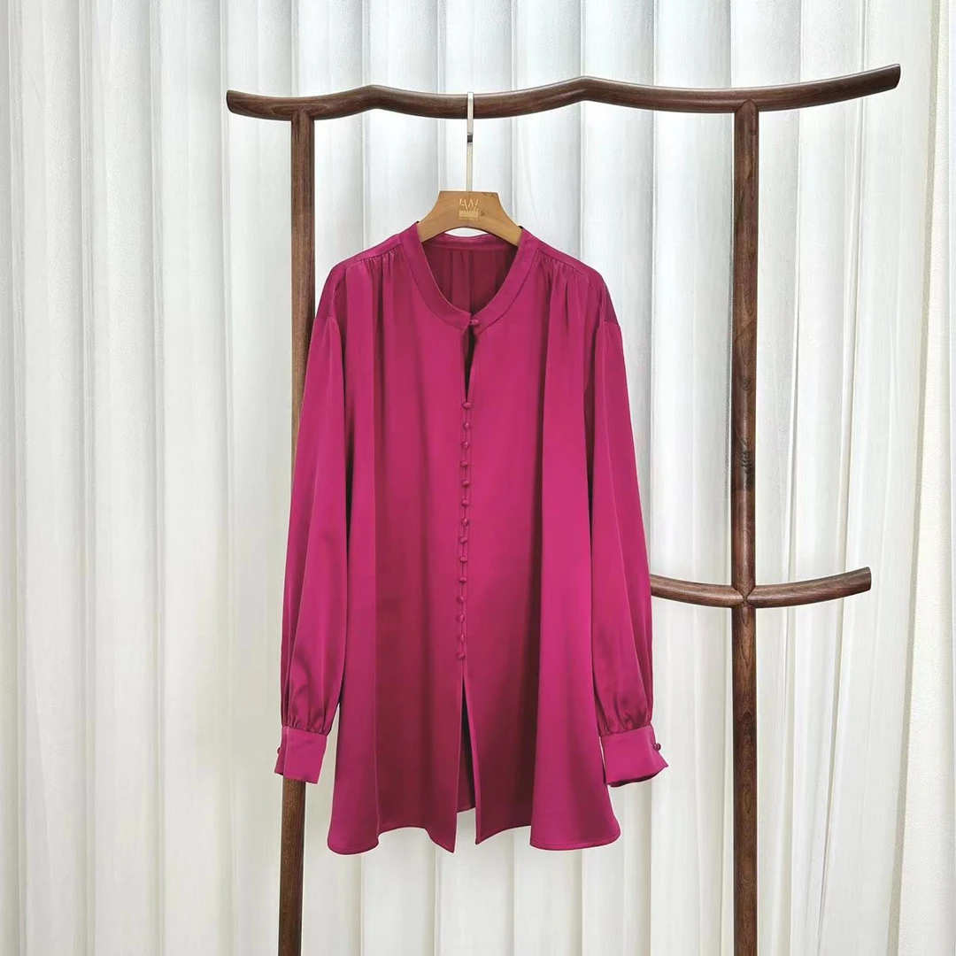 胖姐的时尚大码重缎砂洗高级小立领多扣长袖套头衬衣7382