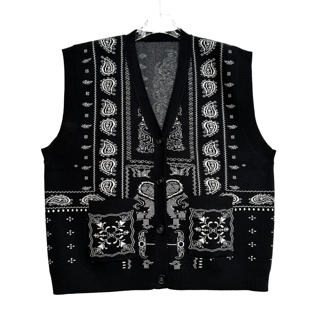 大码时尚抗起球高弹包芯纱芝麻底提花V领马甲开衫8717