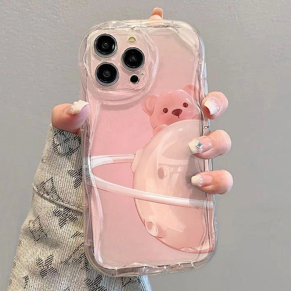 适用苹果/华为/荣耀OPPOVIVO/小米14pro13粉底小熊奶油纹手机壳11