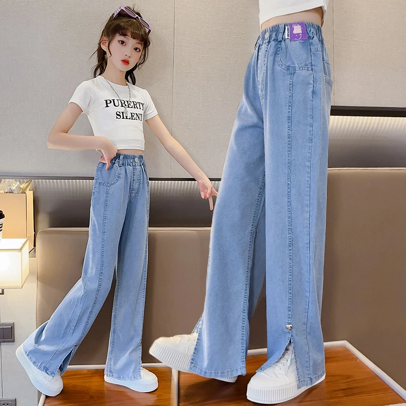 女童裤子夏装洋气宽松直筒儿童中大童薄款冰丝夏季天丝牛仔阔腿裤