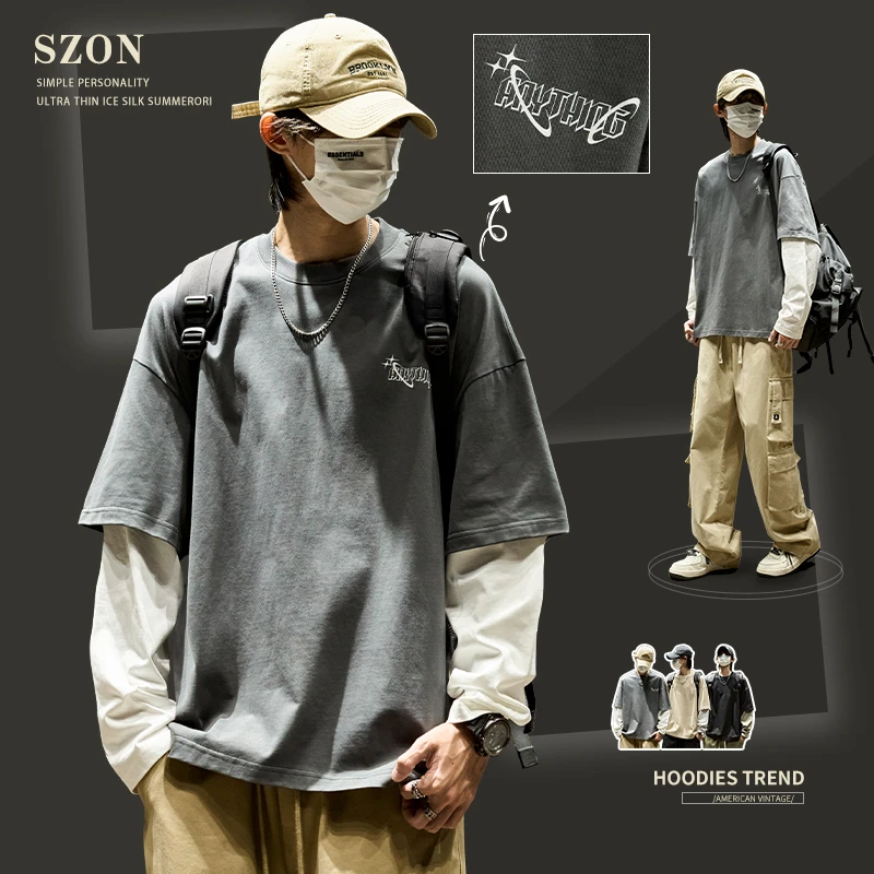 卫衣男士加绒重磅休闲假两件上衣美式拼接字母印花长袖t恤男秋冬