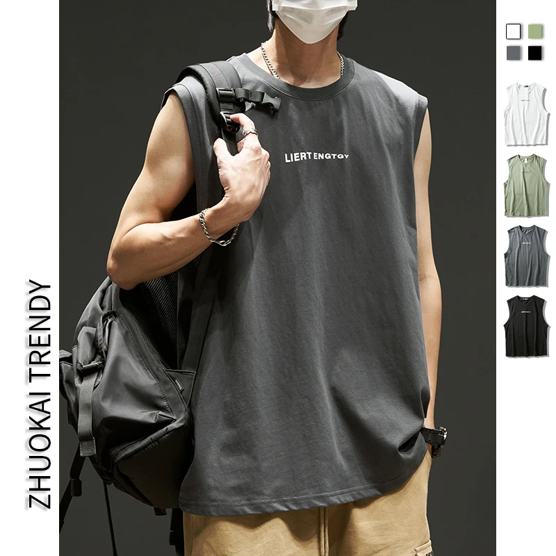 无袖背心宽肩无袖t恤夏季薄款重磅纯棉圆领美式背心男士外穿坎肩