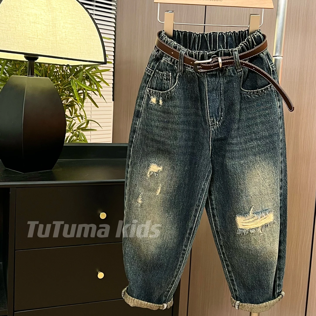 202320男女童复古做旧破洞牛仔裤 秋季老爹裤中大童裤子