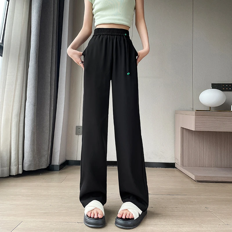 显瘦小个子外穿薄款宽松拖地新中式国风盘扣提花缎面黑色裤子女