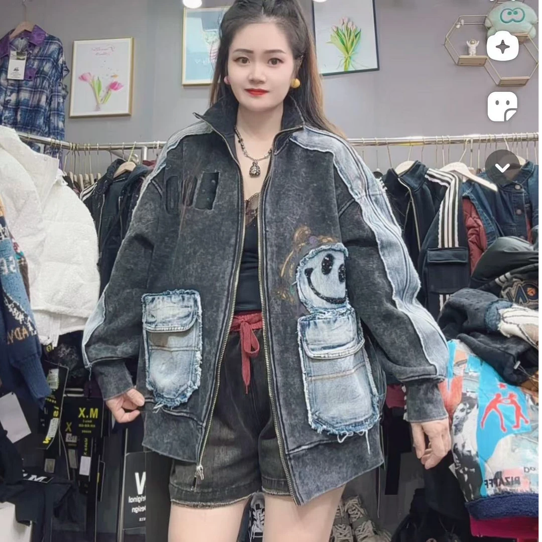 LY家7182#YBDW冬季牛仔笑脸立领加绒拼接宽松百搭外套