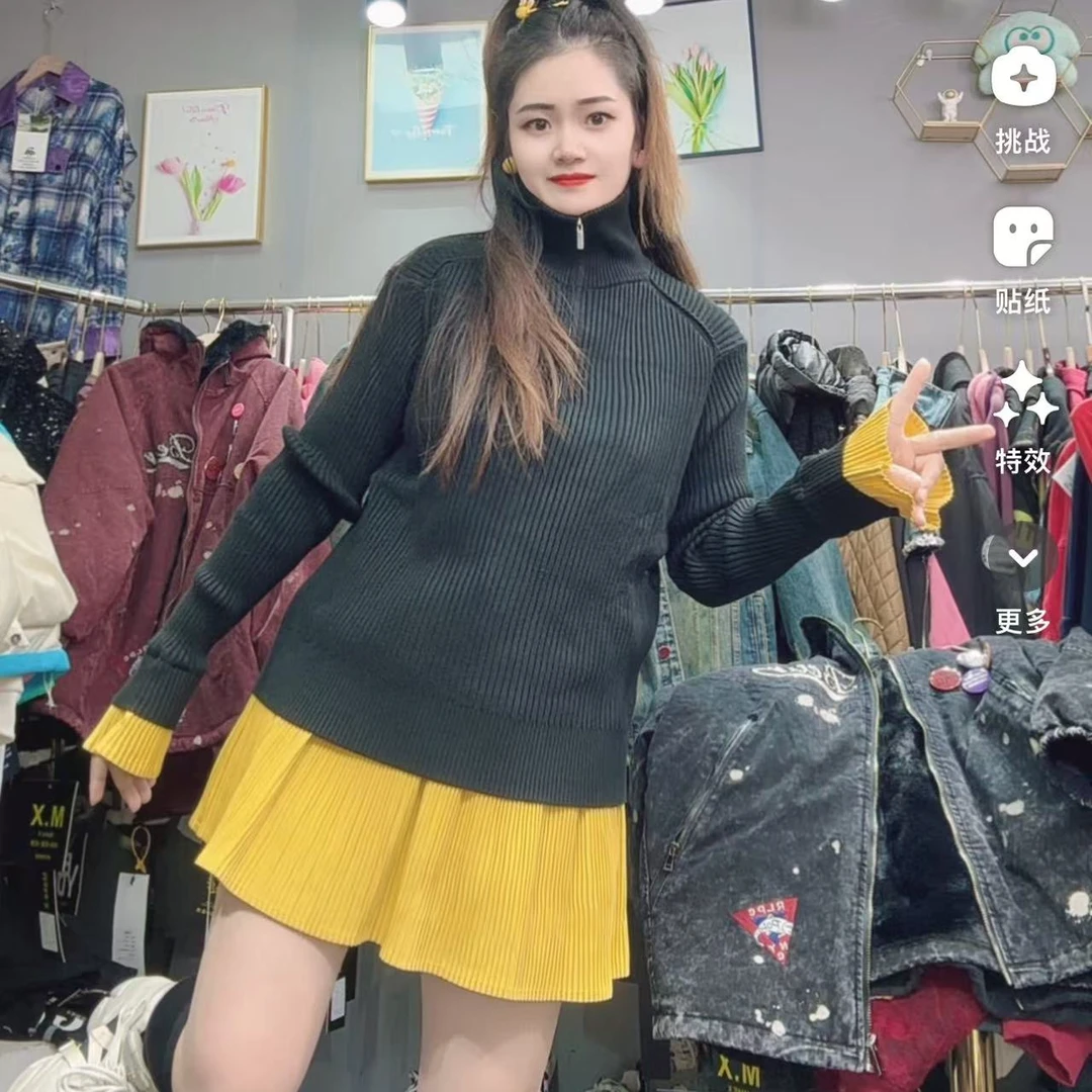 LY家7655#冬季高领拉链拼接拼色袖中长款打底衫