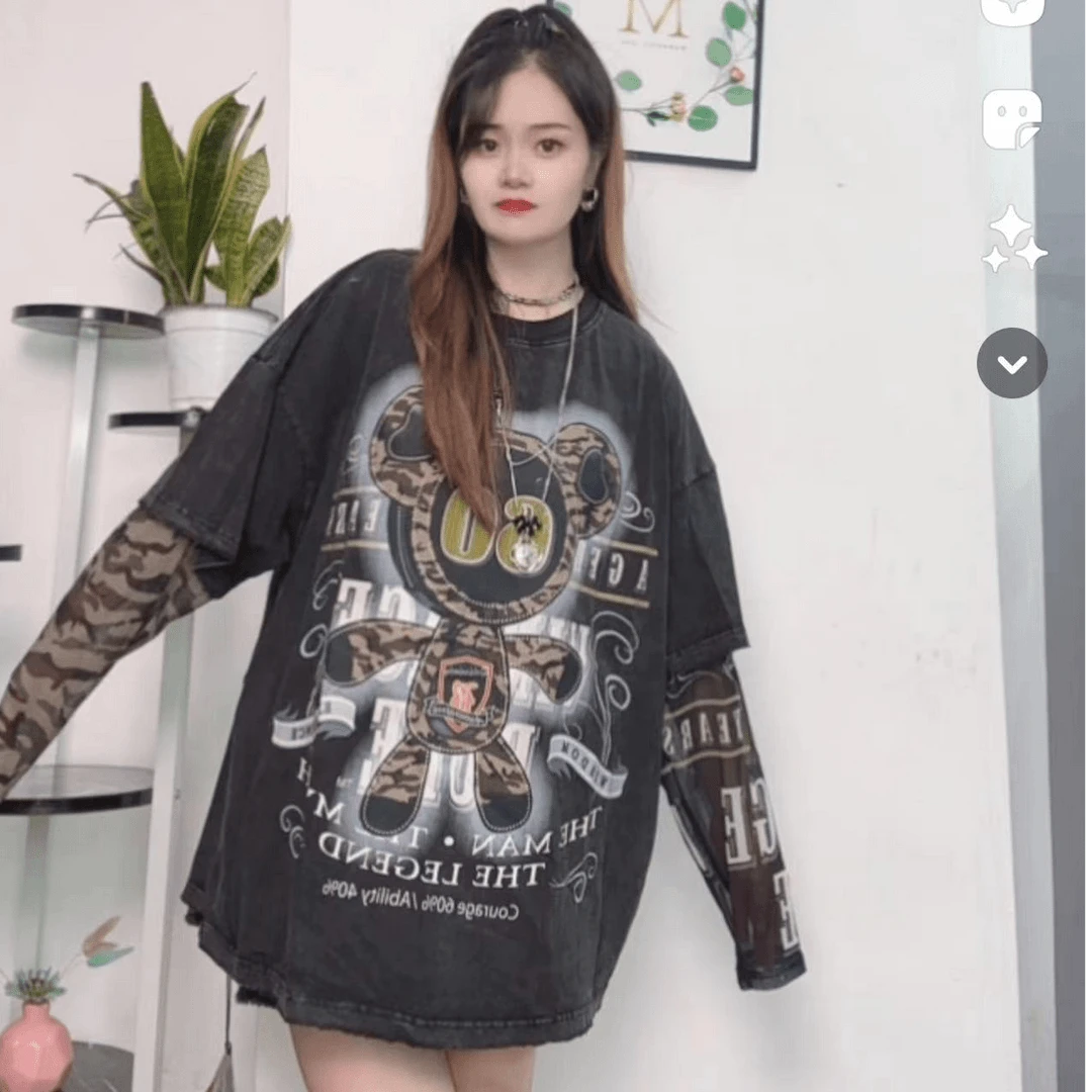 LY家5636#F.M卡通印花拼接拼色袖圆领宽松长袖T恤