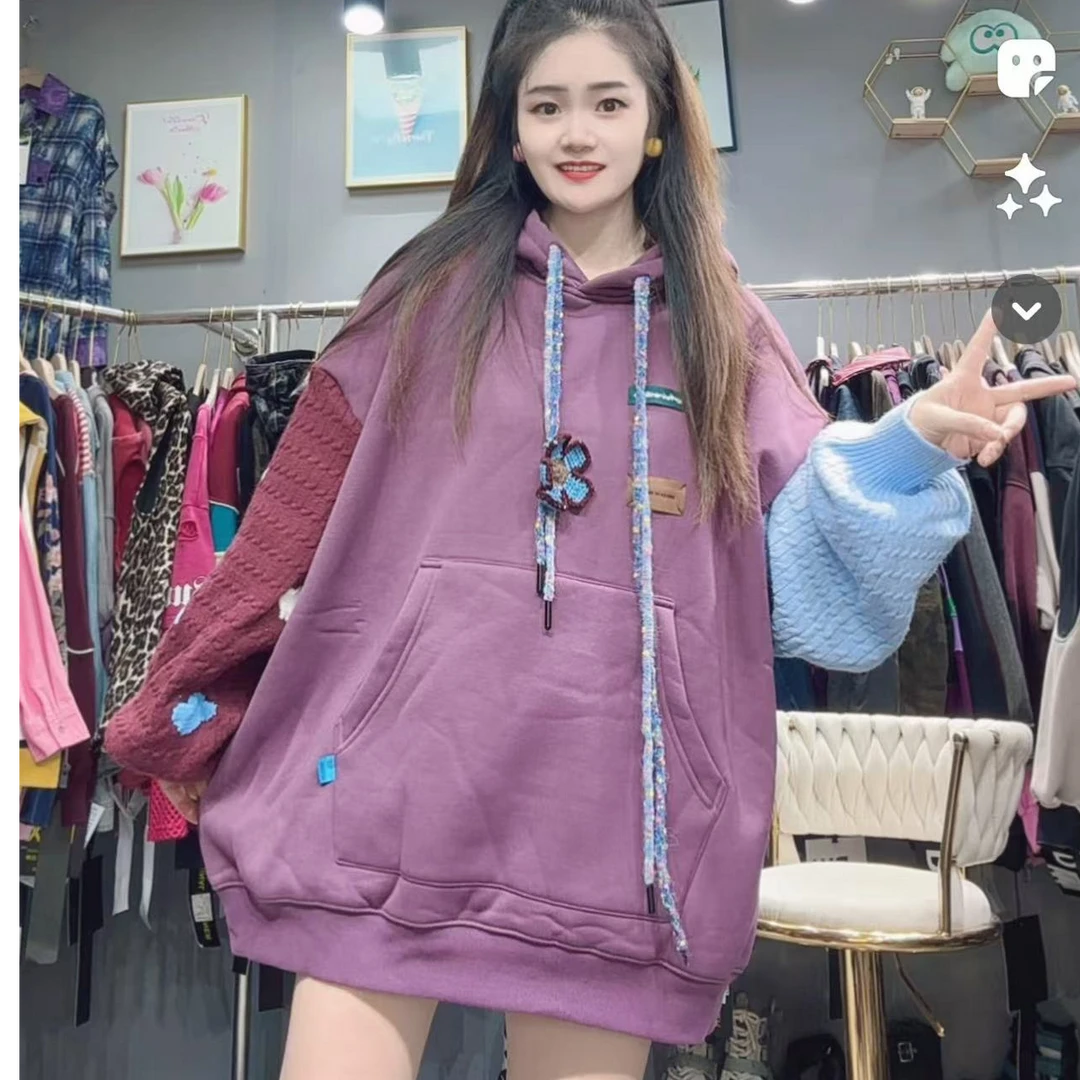 LY家4025#R.D针织袖拼接花朵装饰加绒休闲宽松加绒卫衣