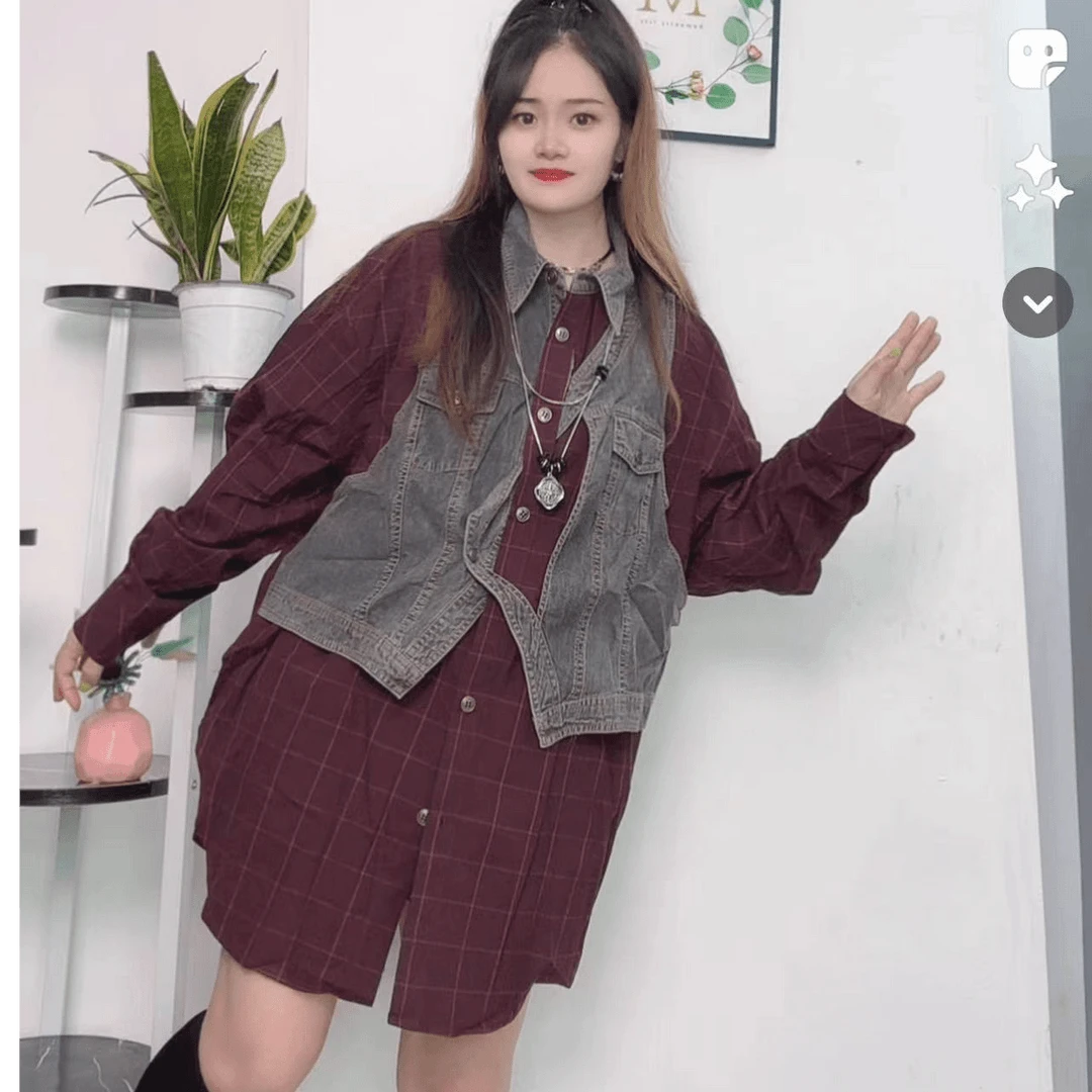 LY家3107#R.D秋季格子牛仔拼接POLO领休闲百搭衬衫