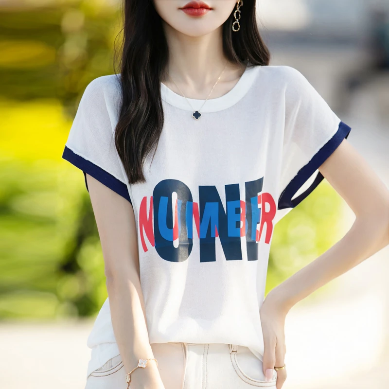 圆领亚麻短袖t恤女夏薄款半袖字母印花背心体恤宽松显瘦洋气上衣T