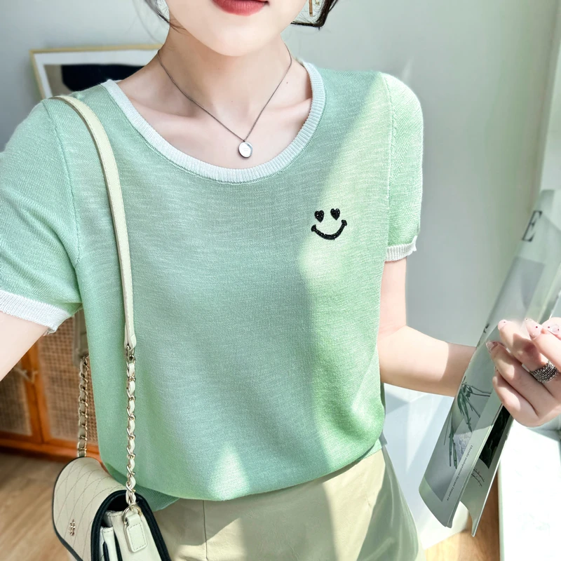 亚麻针织短袖t恤女夏薄款半袖背心上衣宽松显瘦圆领套头笑脸体恤T