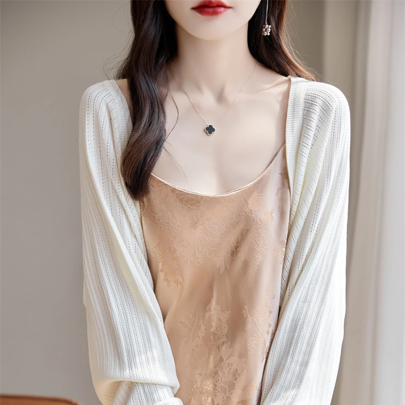 苎麻针织披肩外搭女夏薄款长袖防晒衣开衫宽松镂空气质短款空调衫